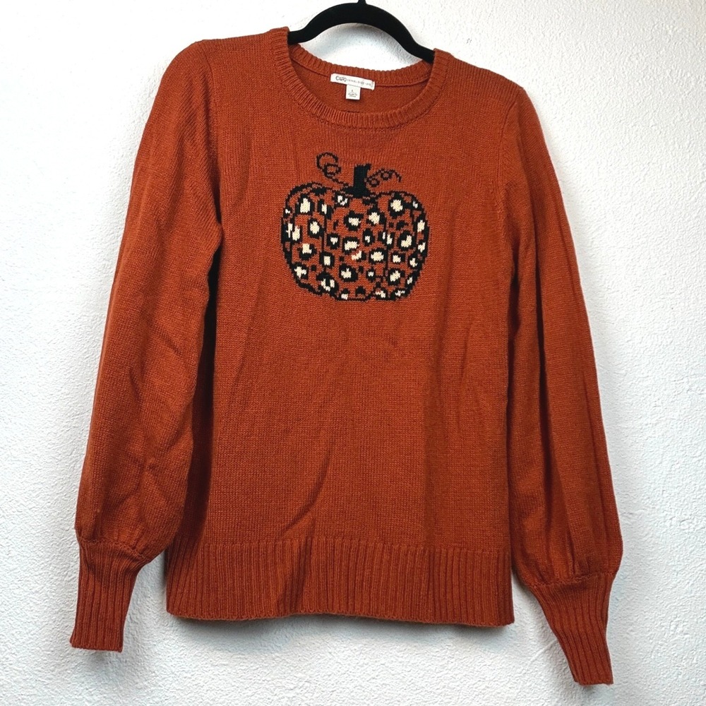 Cato Orange Pumpkin Sweater - L - Leopard Print Balloon Sleeve Fall Autumn